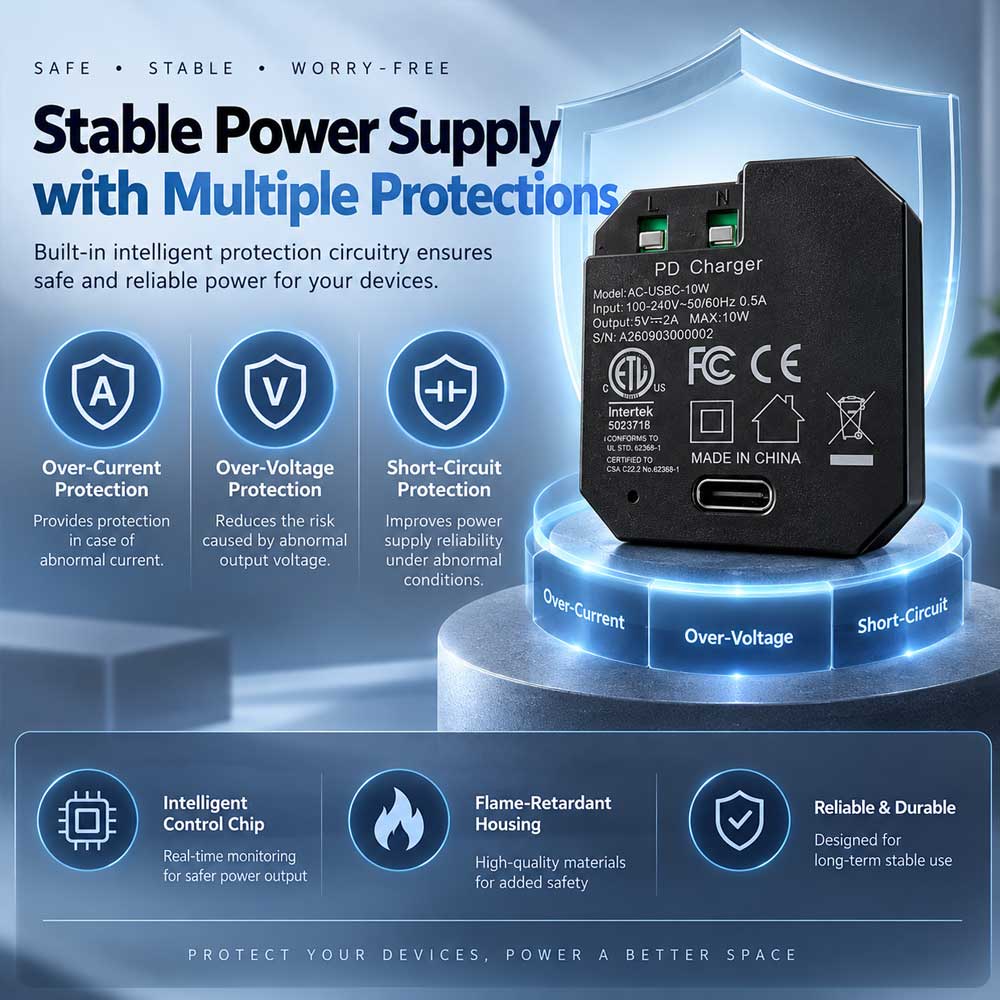 AC-USBC-10W In-Wall USB-C Power Adapter, 100–240V AC Input, 5V/2A 10W Output, Compact Concealed Power Supply for Wall-Mounted Tablets and Smart Home Panels