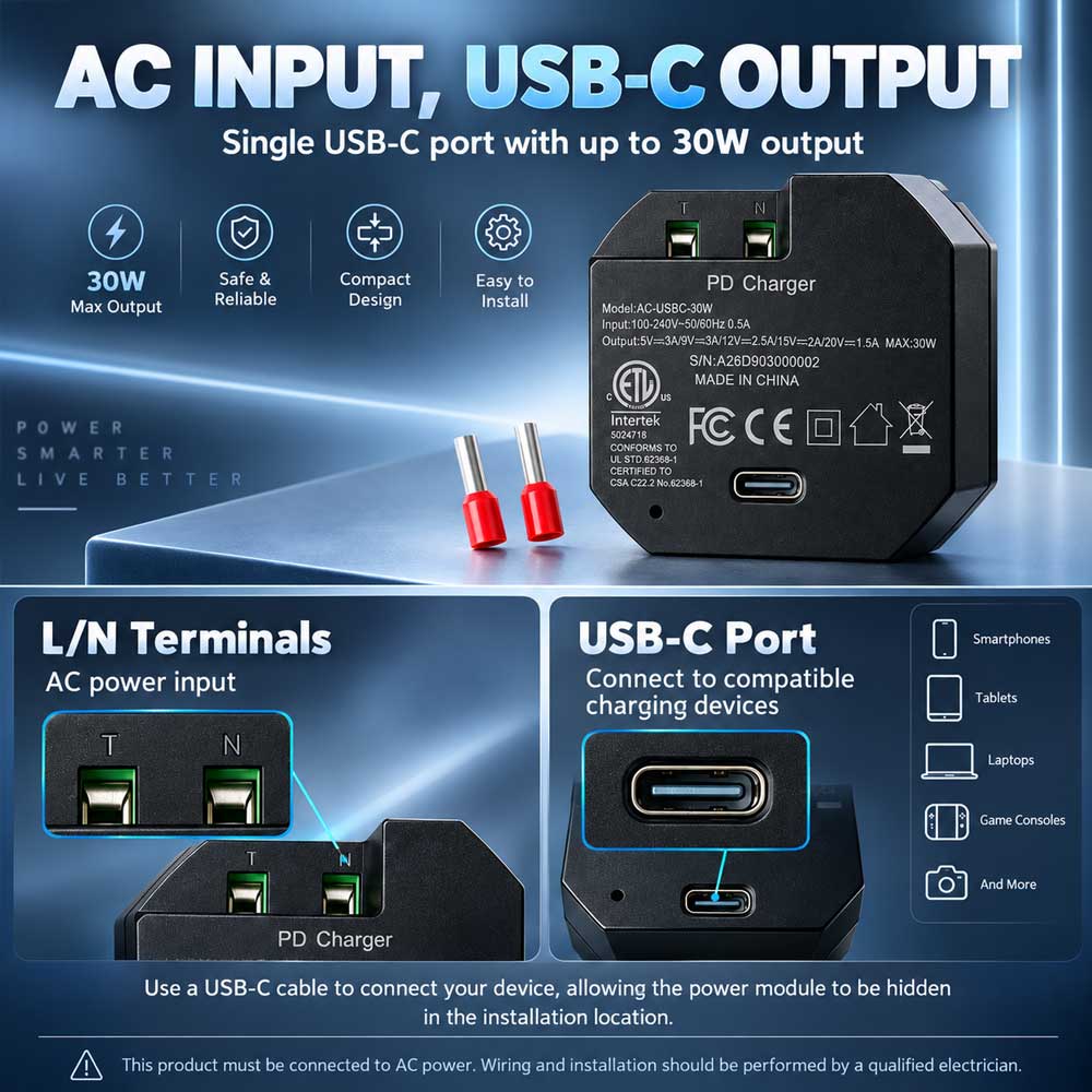 AC-USB-30W In-Wall USB-C PD Power Adapter, 30W Fast Charging, 100–240V AC to USB-C Embedded Power Supply