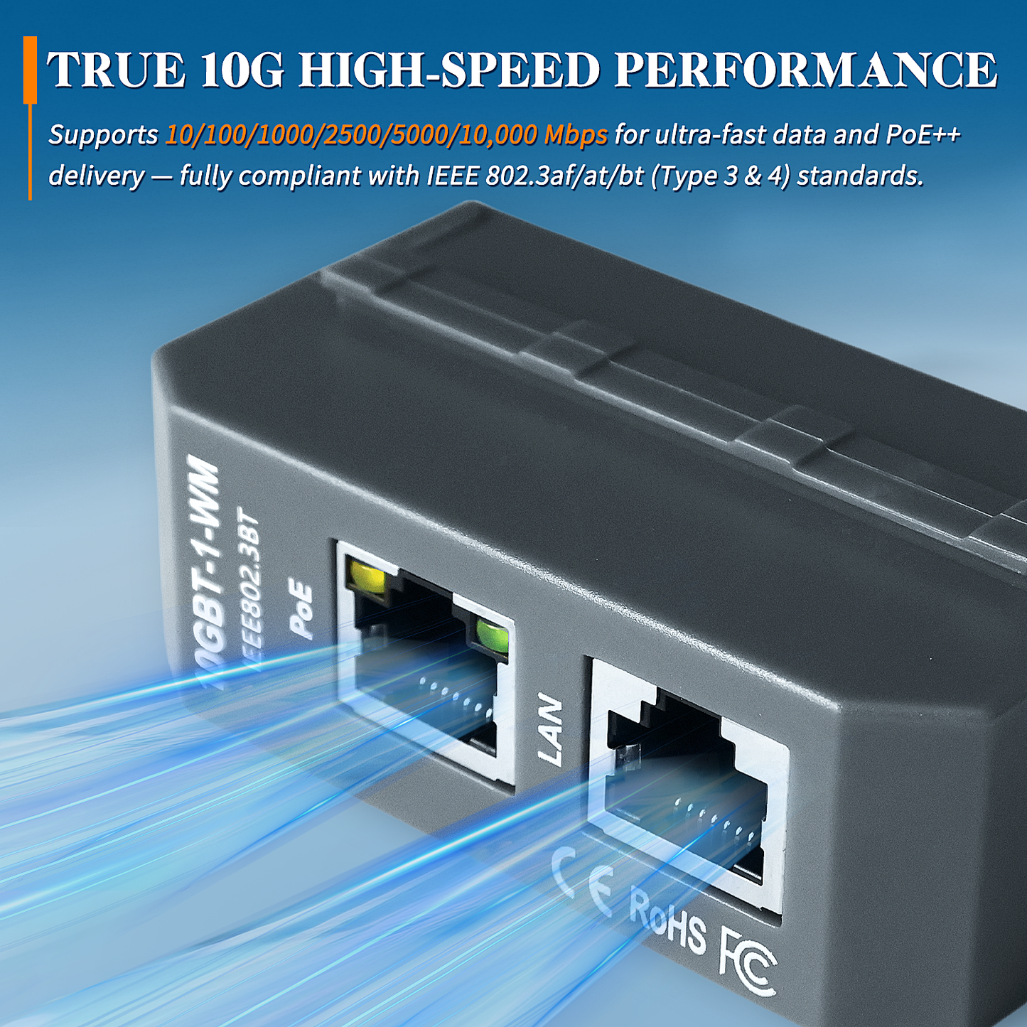 10GBT-1-WM Single Port 10 Gigabit 802.3bt PoE++ Injector | 90W Max Output | IEEE 802.3af/at/bt | Wall & DIN Mount