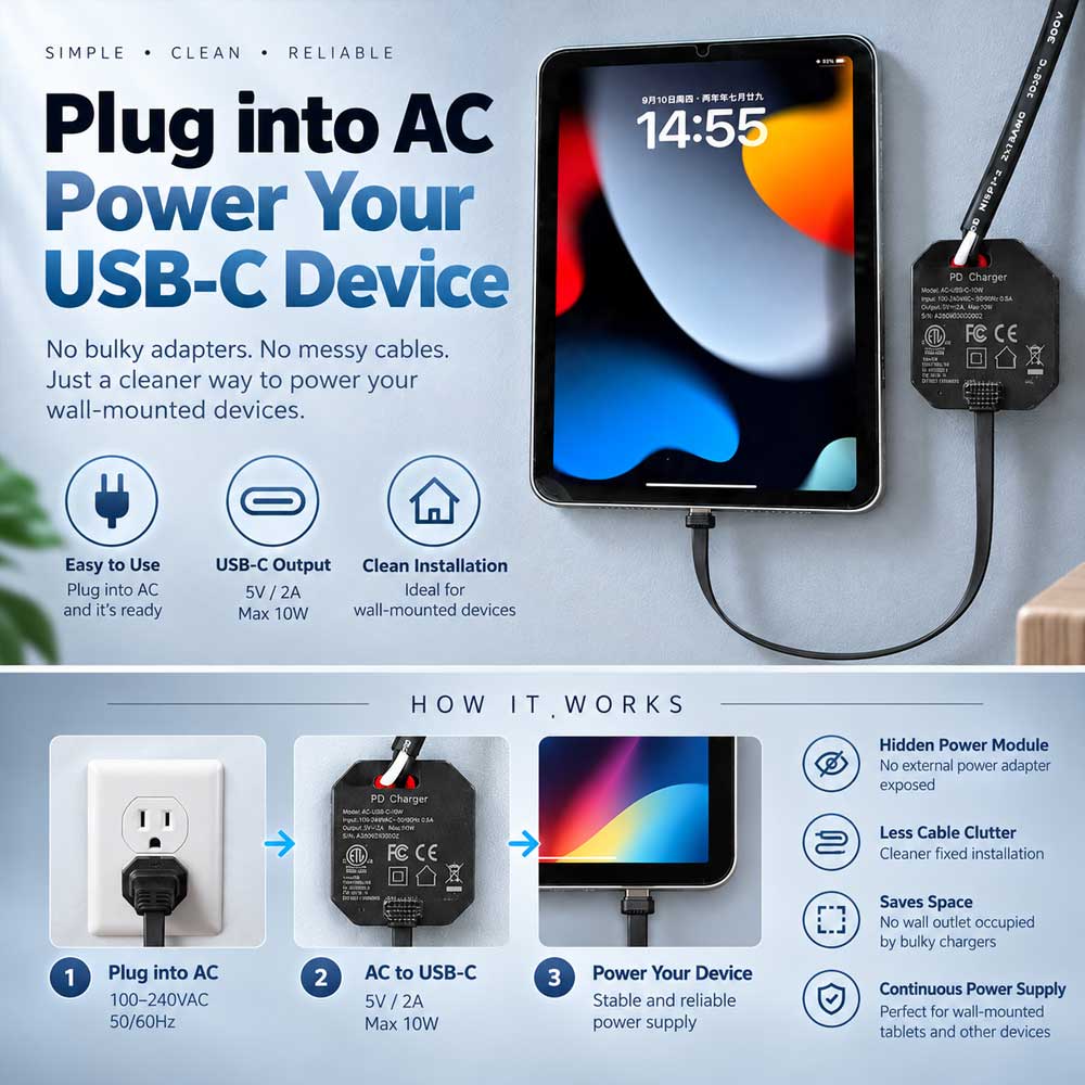 AC-USBC-10W In-Wall USB-C Power Adapter, 100–240V AC Input, 5V/2A 10W Output, Compact Concealed Power Supply for Wall-Mounted Tablets and Smart Home Panels