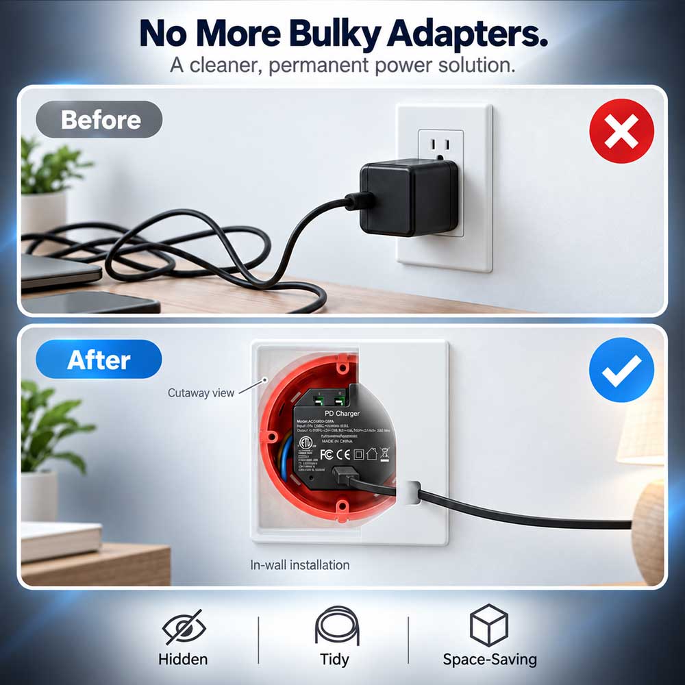 AC-USB-30W In-Wall USB-C PD Power Adapter, 30W Fast Charging, 100–240V AC to USB-C Embedded Power Supply
