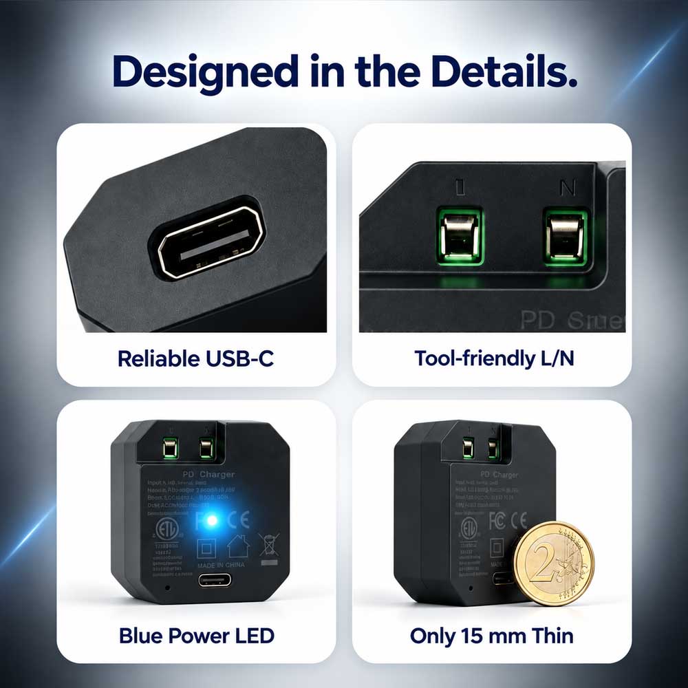 AC-USB-30W In-Wall USB-C PD Power Adapter, 30W Fast Charging, 100–240V AC to USB-C Embedded Power Supply