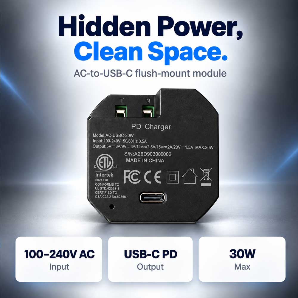 AC-USB-30W In-Wall USB-C PD Power Adapter, 30W Fast Charging, 100–240V AC to USB-C Embedded Power Supply