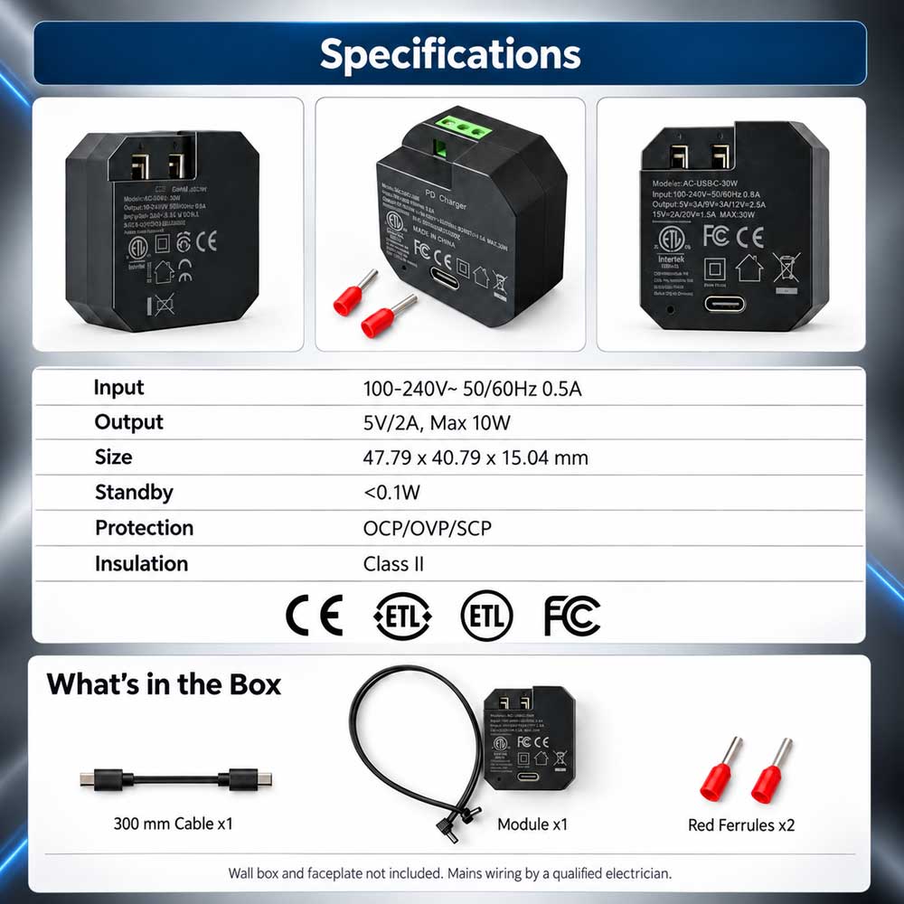 AC-USB-30W In-Wall USB-C PD Power Adapter, 30W Fast Charging, 100–240V AC to USB-C Embedded Power Supply