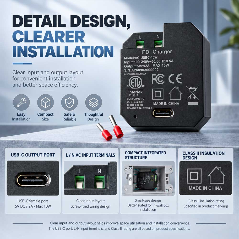 AC-USBC-10W In-Wall USB-C Power Adapter, 100–240V AC Input, 5V/2A 10W Output, Compact Concealed Power Supply for Wall-Mounted Tablets and Smart Home Panels