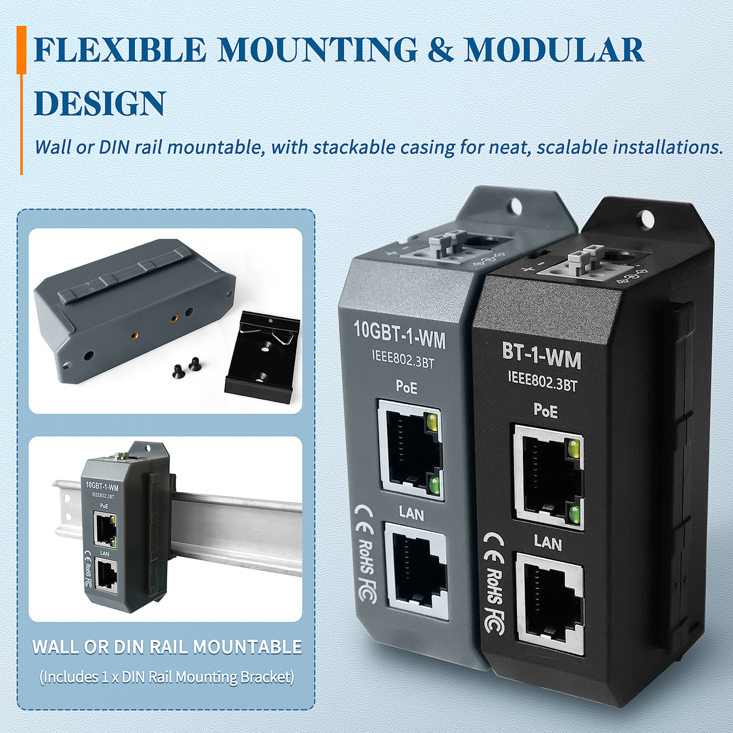 10GBT-1-WM Single Port 10 Gigabit 802.3bt PoE++ Injector | 90W Max Output | IEEE 802.3af/at/bt | Wall & DIN Mount