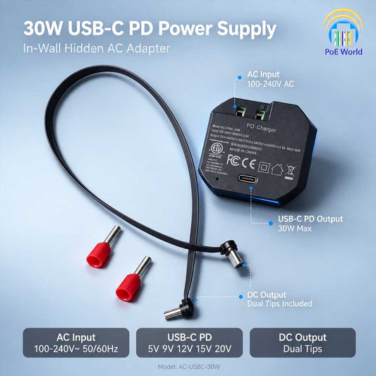 AC-USB-30W In-Wall USB-C PD Power Adapter, 30W Fast Charging, 100–240V AC to USB-C Embedded Power Supply