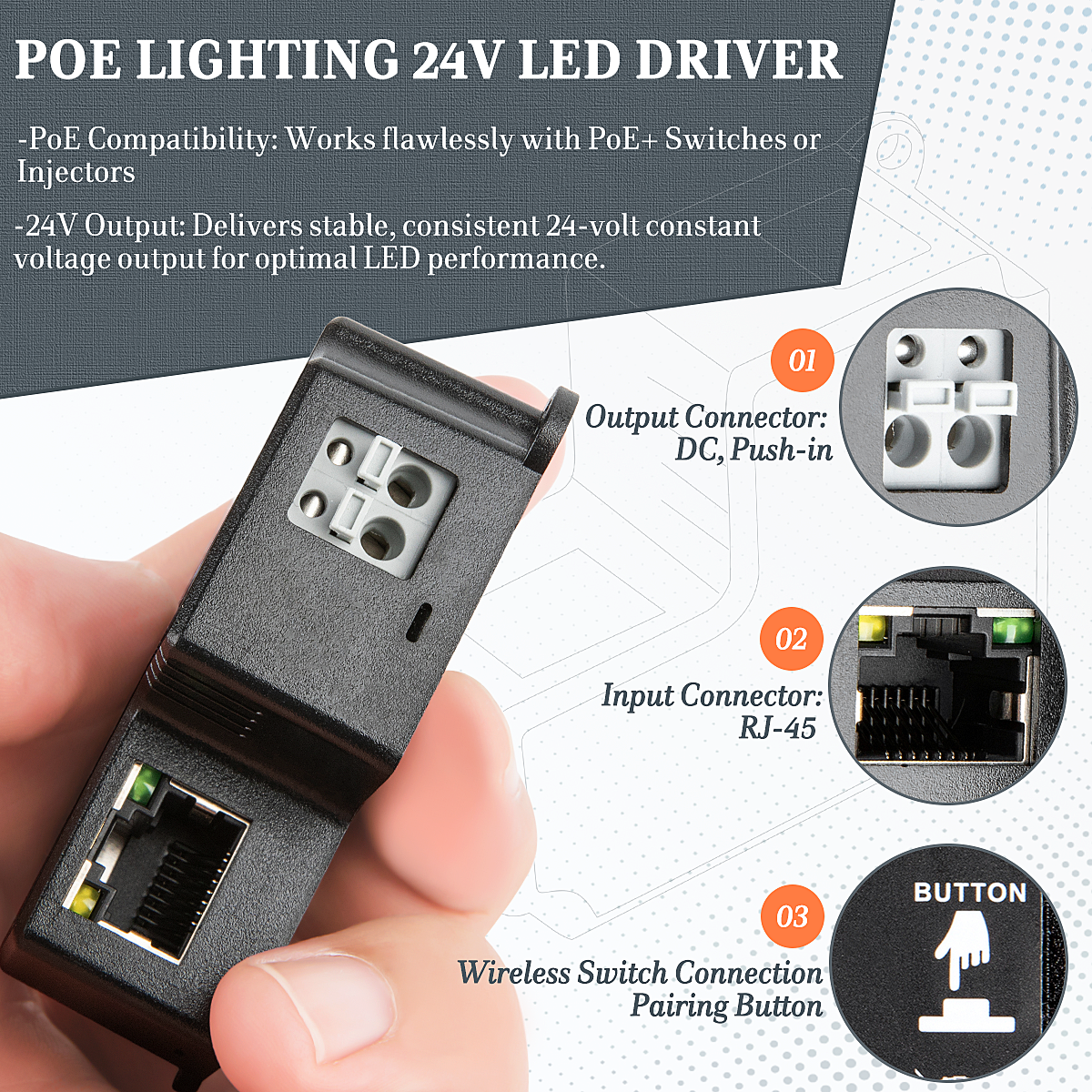 AT-LED-24V Compact PoE+ Lighting Driver for 24V CV LED Lighting Dimmer 802.3at Compliant PoE Driver For LED Strip Disc Lights Wireless Control Battery-free Wall Switch