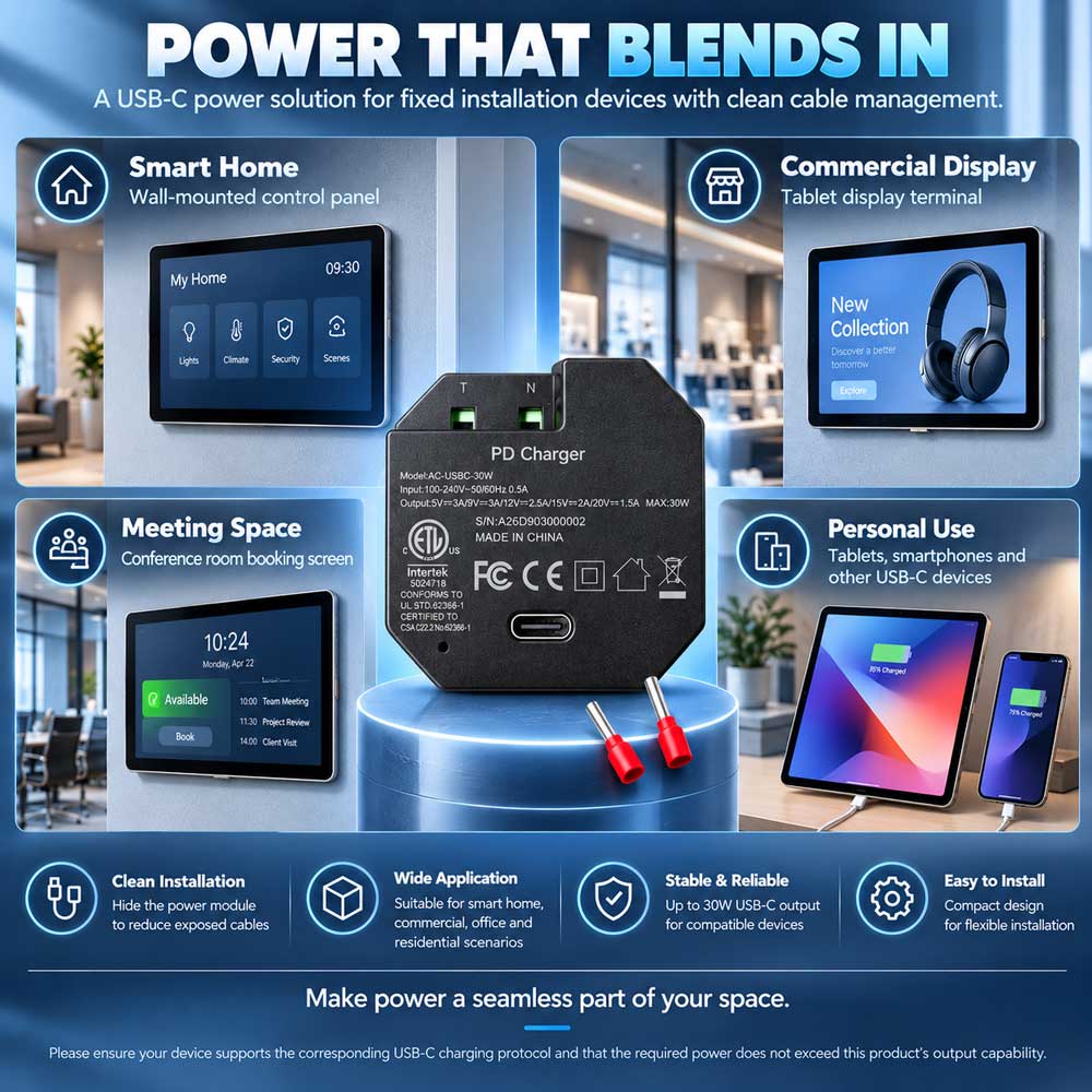 AC-USB-30W In-Wall USB-C PD Power Adapter, 30W Fast Charging, 100–240V AC to USB-C Embedded Power Supply