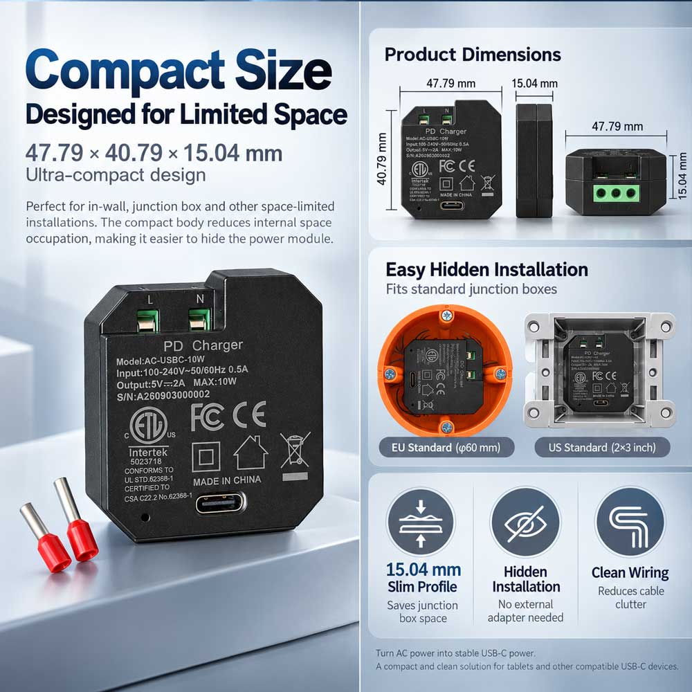 AC-USBC-10W In-Wall USB-C Power Adapter, 100–240V AC Input, 5V/2A 10W Output, Compact Concealed Power Supply for Wall-Mounted Tablets and Smart Home Panels