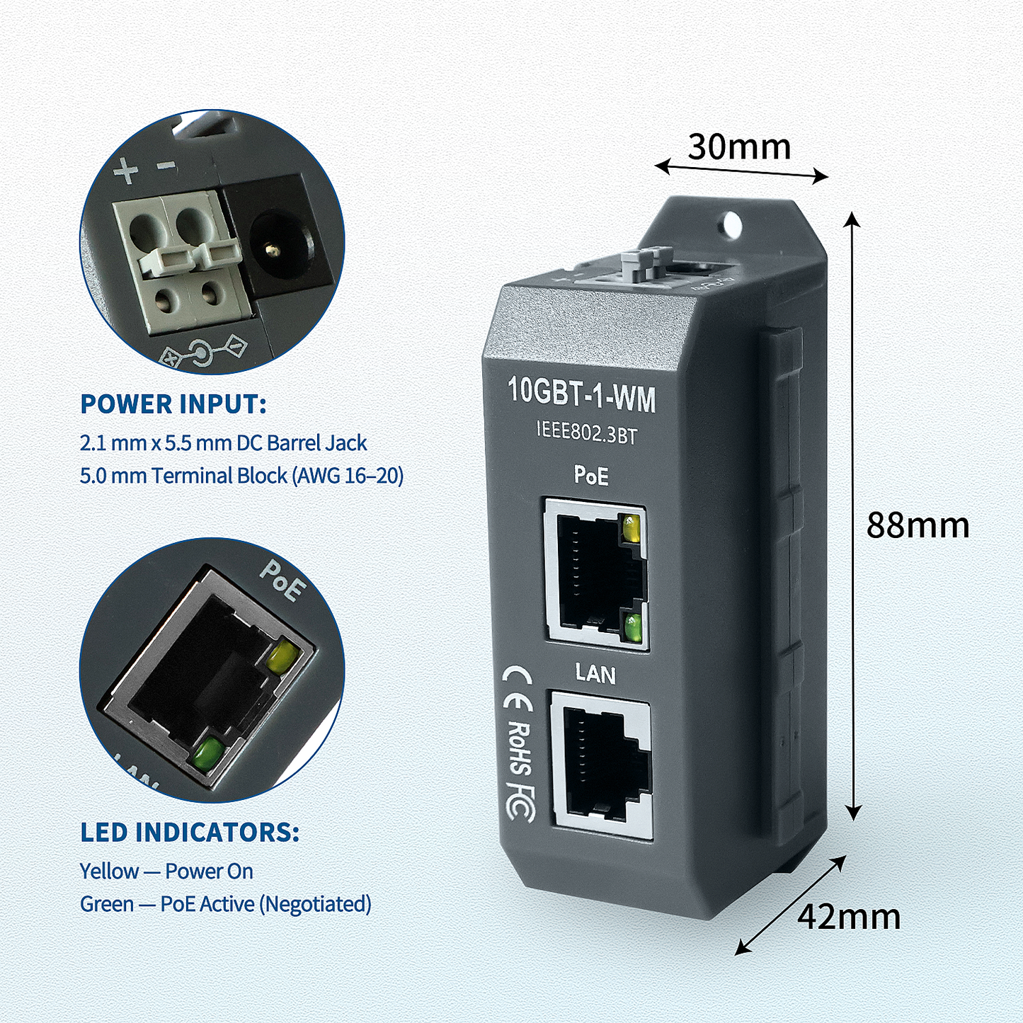 10GBT-1-WM Single Port 10 Gigabit 802.3bt PoE++ Injector | 90W Max Output | IEEE 802.3af/at/bt | Wall & DIN Mount
