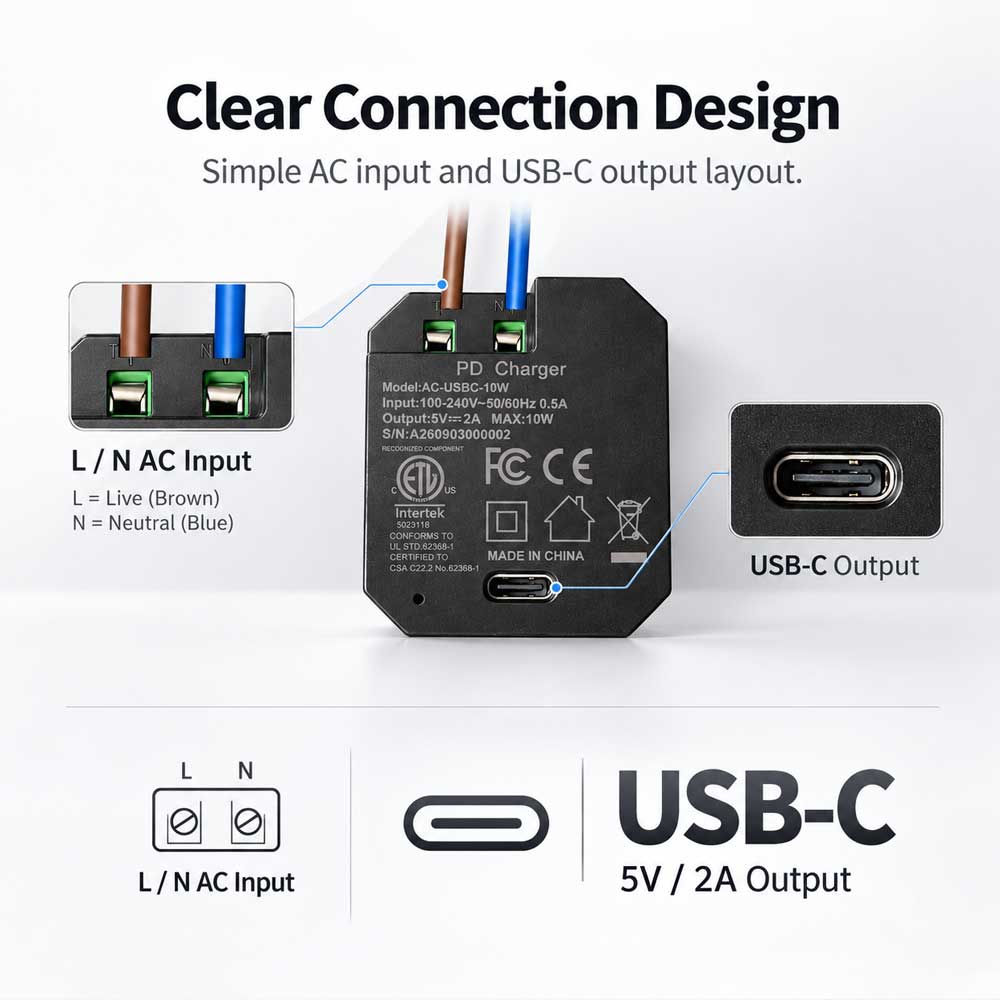 AC-USBC-10W In-Wall USB-C Power Adapter, 100–240V AC Input, 5V/2A 10W Output, Compact Concealed Power Supply for Wall-Mounted Tablets and Smart Home Panels