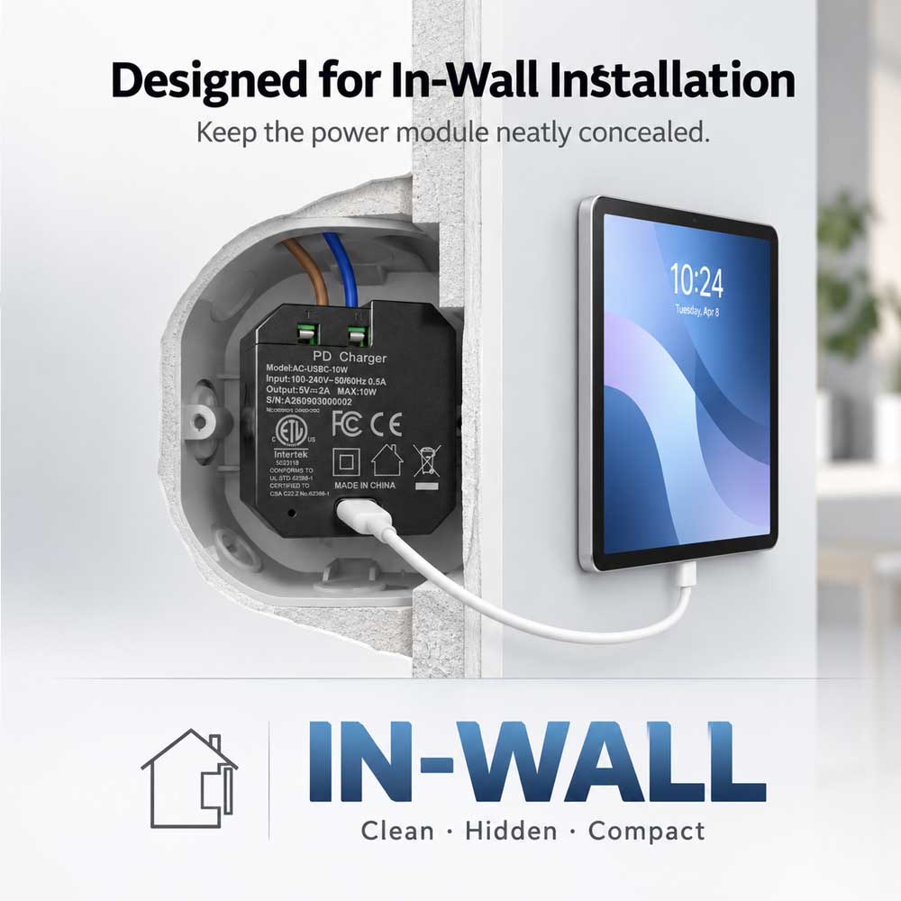 AC-USBC-10W In-Wall USB-C Power Adapter, 100–240V AC Input, 5V/2A 10W Output, Compact Concealed Power Supply for Wall-Mounted Tablets and Smart Home Panels