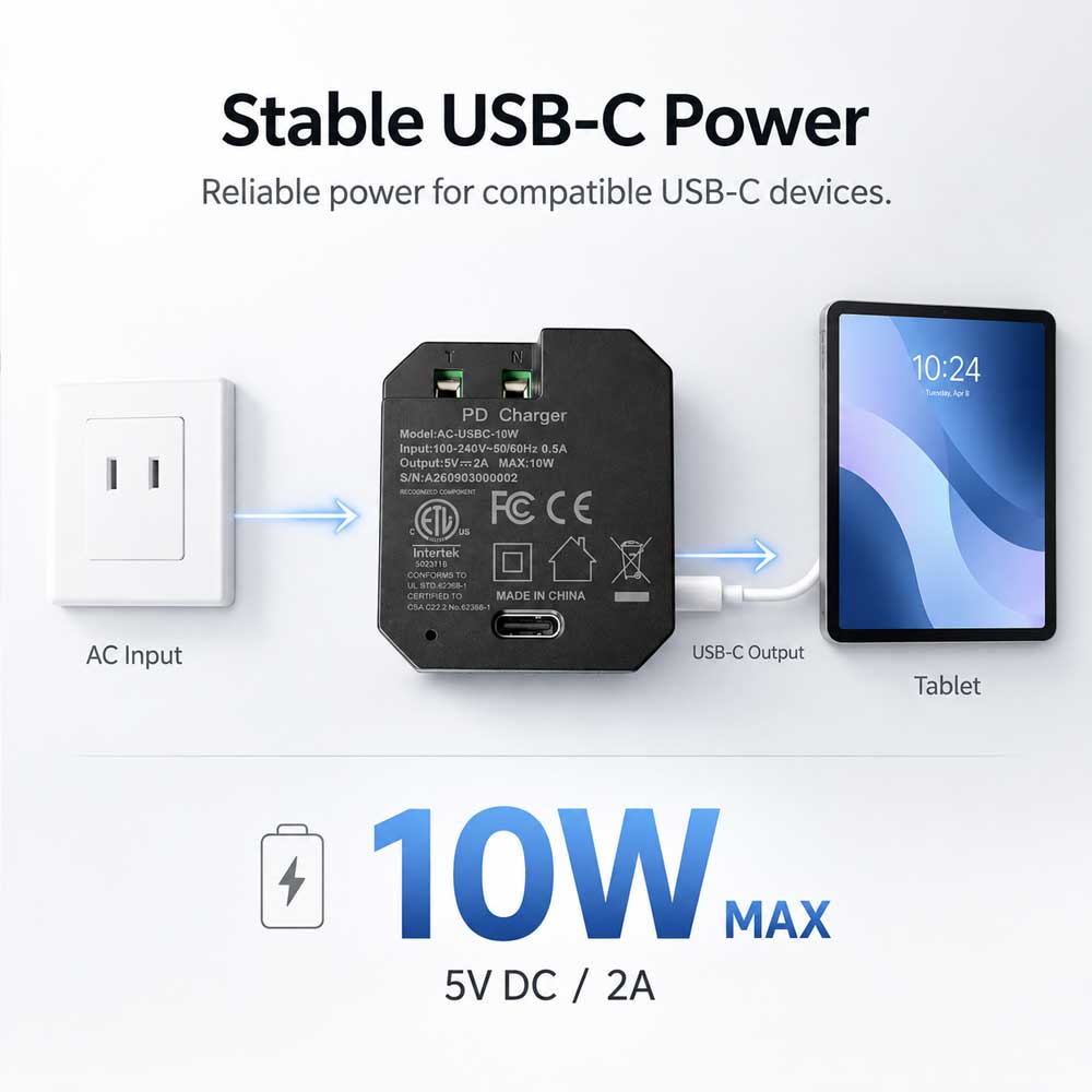 AC-USBC-10W In-Wall USB-C Power Adapter, 100–240V AC Input, 5V/2A 10W Output, Compact Concealed Power Supply for Wall-Mounted Tablets and Smart Home Panels