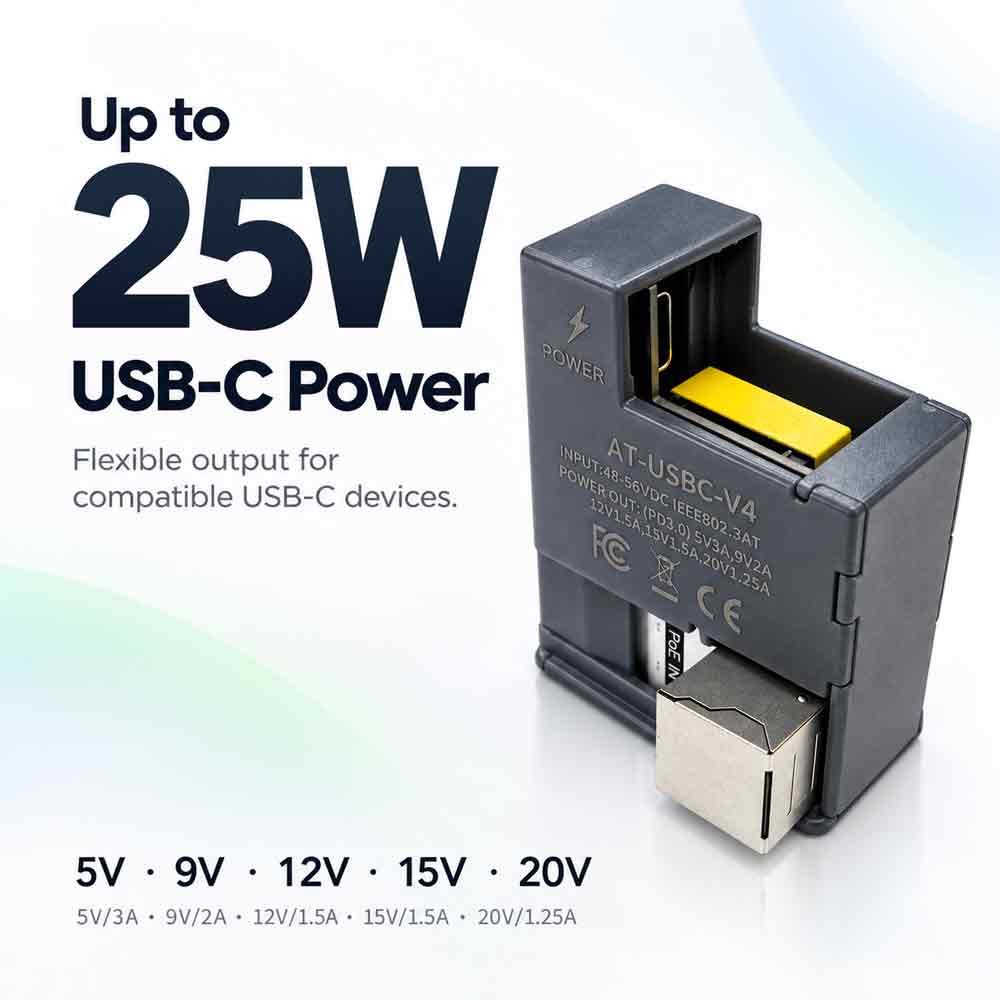 AT-USBC-V4 PoE to USB-C Power Adapter 25W IEEE 802.3af/at RJ45 to Type-C Charger Converter for Tablet Smart Home Panel