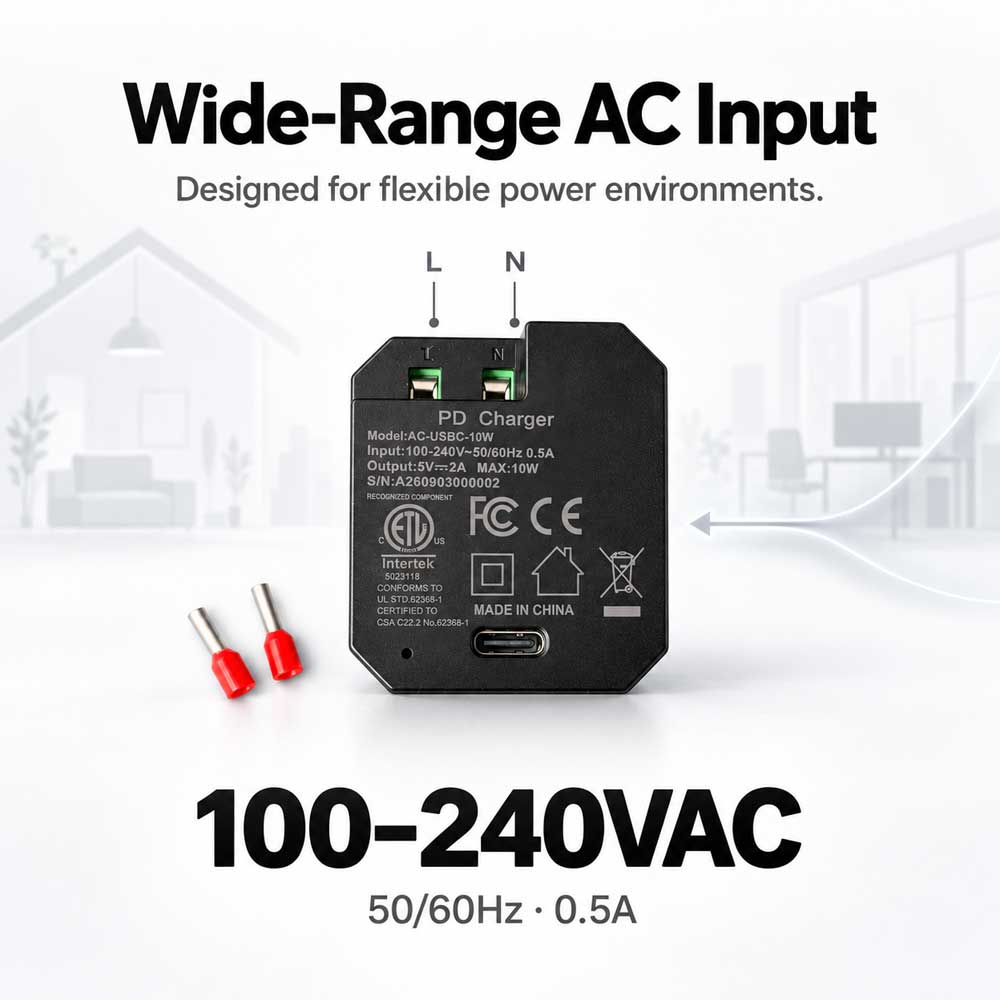 AC-USBC-10W In-Wall USB-C Power Adapter, 100–240V AC Input, 5V/2A 10W Output, Compact Concealed Power Supply for Wall-Mounted Tablets and Smart Home Panels