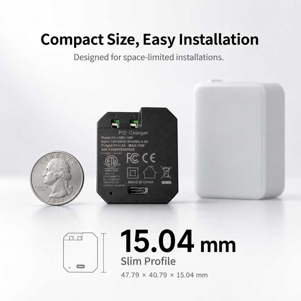 AC-USBC-10W In-Wall USB-C Power Adapter, 100–240V AC Input, 5V/2A 10W Output, Compact Concealed Power Supply for Wall-Mounted Tablets and Smart Home Panels