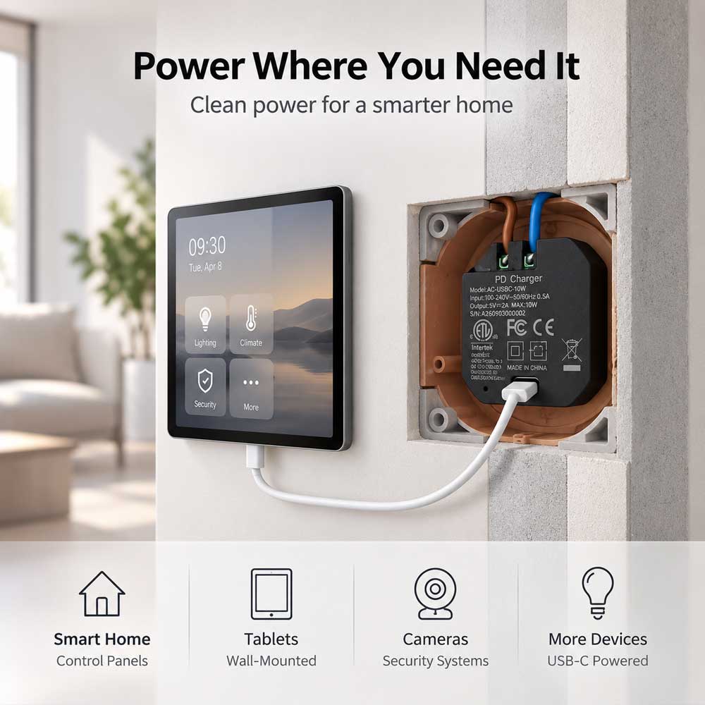 AC-USBC-10W In-Wall USB-C Power Adapter, 100–240V AC Input, 5V/2A 10W Output, Compact Concealed Power Supply for Wall-Mounted Tablets and Smart Home Panels