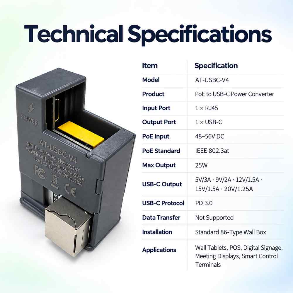 AT-USBC-V4 PoE to USB-C Power Adapter 25W IEEE 802.3af/at RJ45 to Type-C Charger Converter for Tablet Smart Home Panel