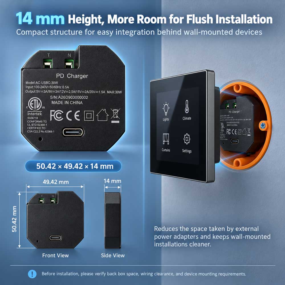 AC-USB-30W In-Wall USB-C PD Power Adapter, 30W Fast Charging, 100–240V AC to USB-C Embedded Power Supply