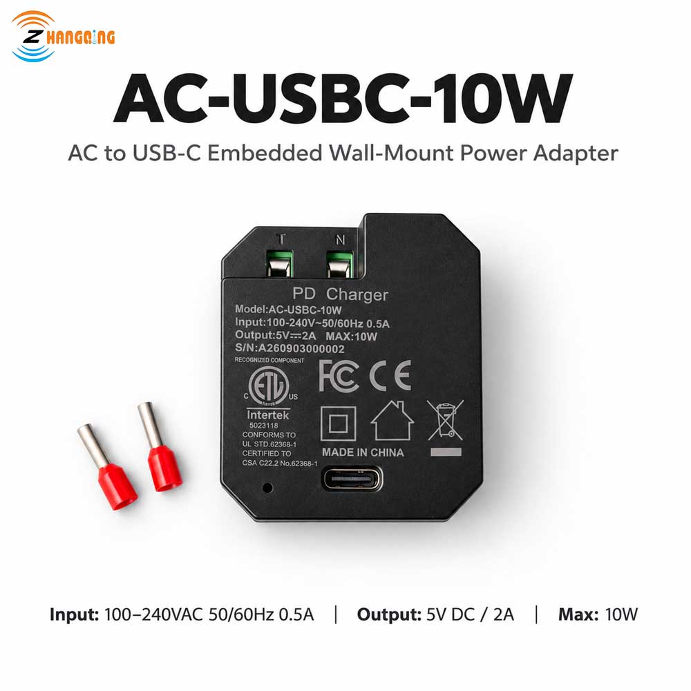AC-USBC-10W In-Wall USB-C Power Adapter, 100–240V AC Input, 5V/2A 10W Output, Compact Concealed Power Supply for Wall-Mounted Tablets and Smart Home Panels