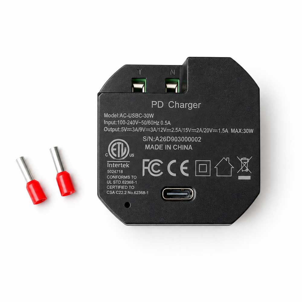 AC-USB-30W In-Wall USB-C PD Power Adapter, 30W Fast Charging, 100–240V AC to USB-C Embedded Power Supply