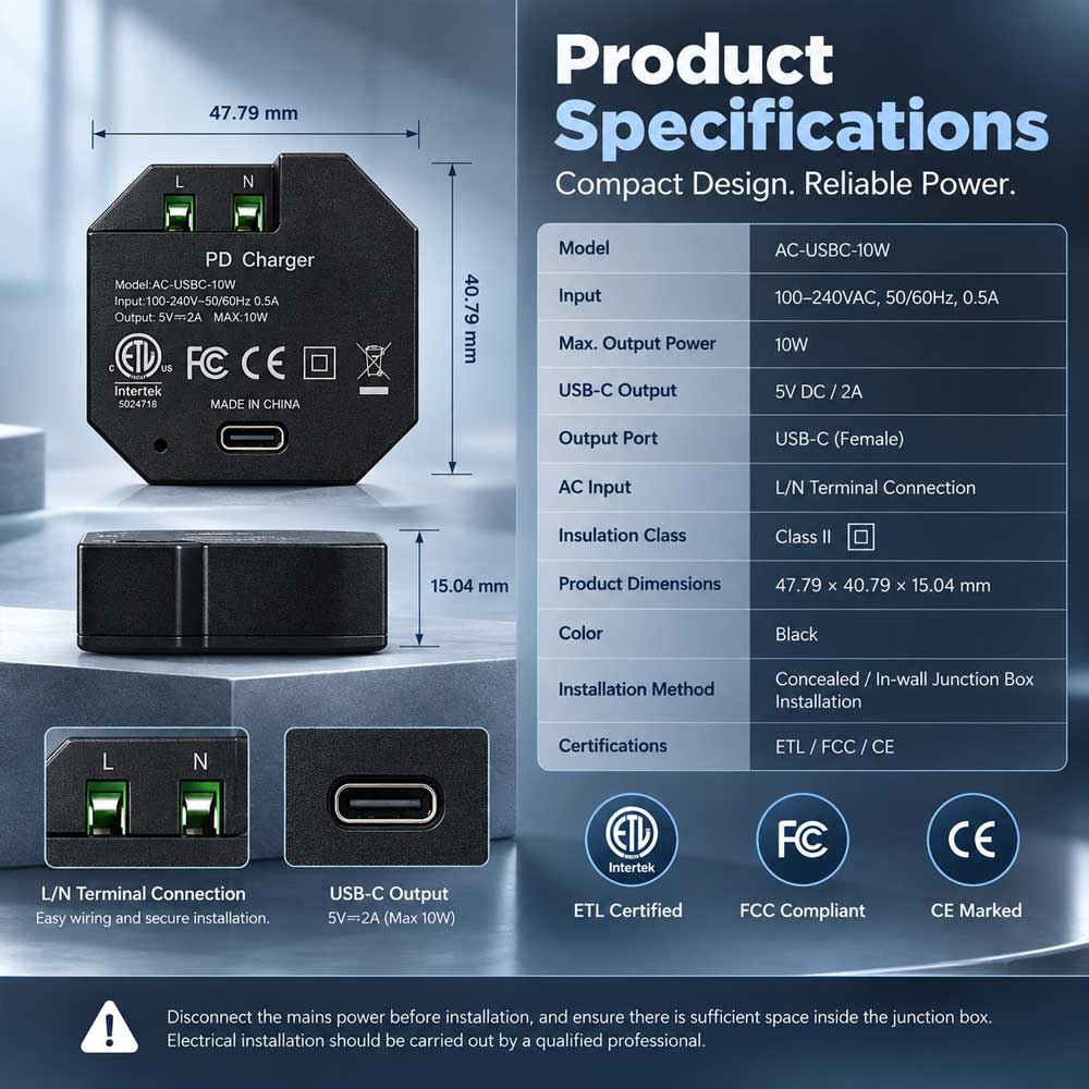 AC-USBC-10W In-Wall USB-C Power Adapter, 100–240V AC Input, 5V/2A 10W Output, Compact Concealed Power Supply for Wall-Mounted Tablets and Smart Home Panels