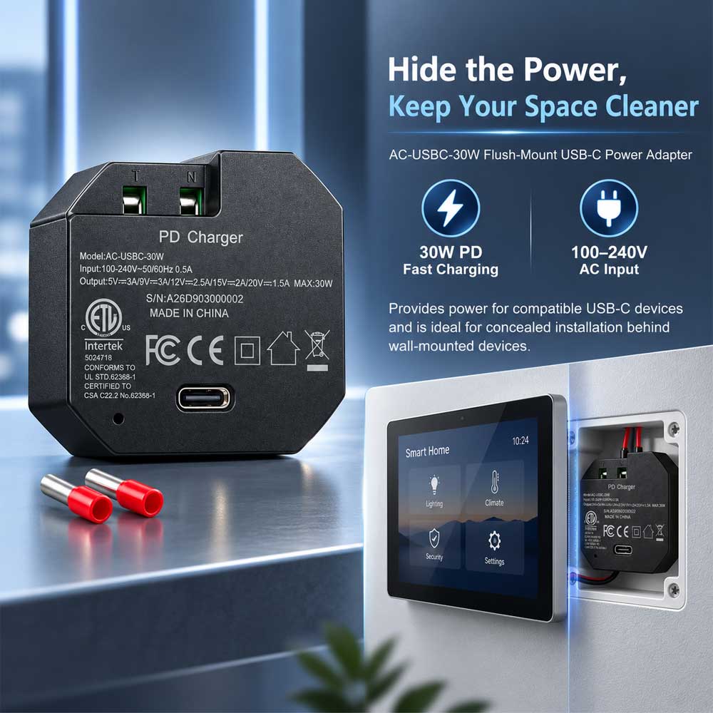 AC-USB-30W In-Wall USB-C PD Power Adapter, 30W Fast Charging, 100–240V AC to USB-C Embedded Power Supply