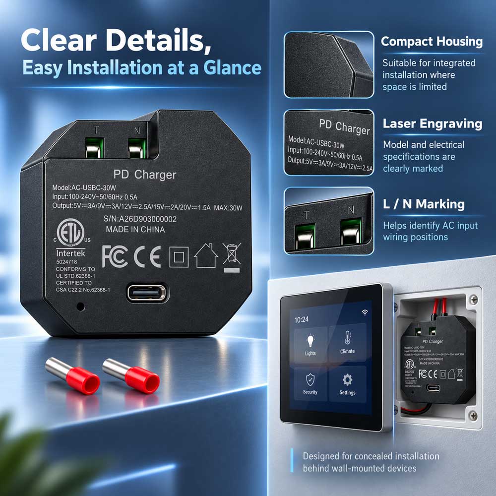 AC-USB-30W In-Wall USB-C PD Power Adapter, 30W Fast Charging, 100–240V AC to USB-C Embedded Power Supply