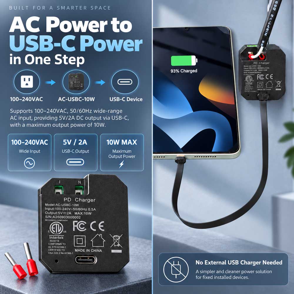 AC-USBC-10W In-Wall USB-C Power Adapter, 100–240V AC Input, 5V/2A 10W Output, Compact Concealed Power Supply for Wall-Mounted Tablets and Smart Home Panels