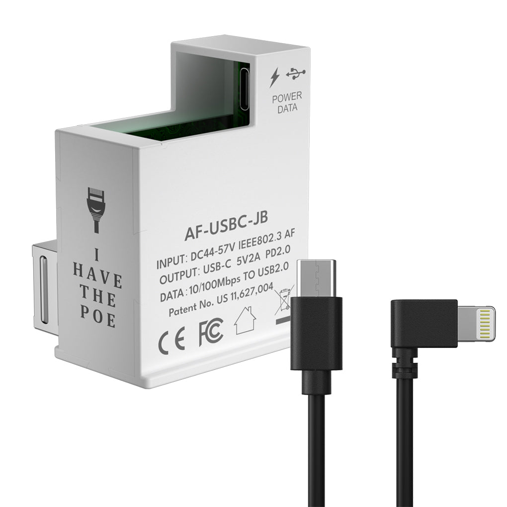 AF-USBC-JB PoE to USB-C Adapter Deliver 10W Power and 10/100m Ethernet Data to iPad Air, Surface Go on Type C cable, Lightning Cable for option