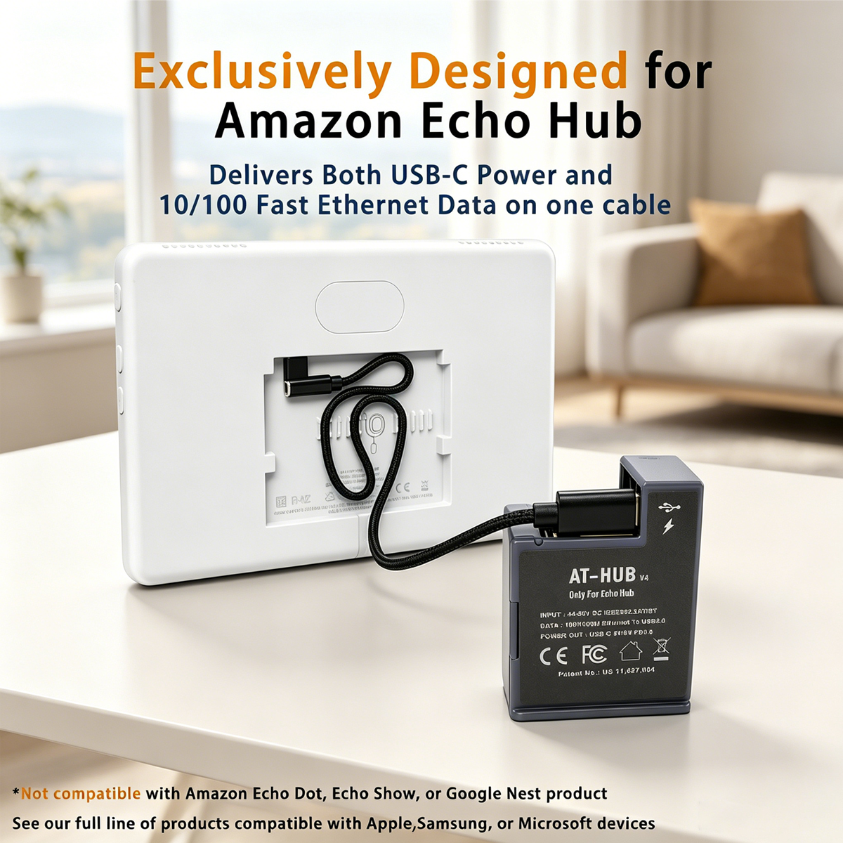 AT-Hub In-wall 25W PoE+ to USB-C Power and Data Delivery for Amazon Echo Hub IEEE 802.3at PoE+ Convert to 5V/9V 25W Power and USB 2.0 Data
