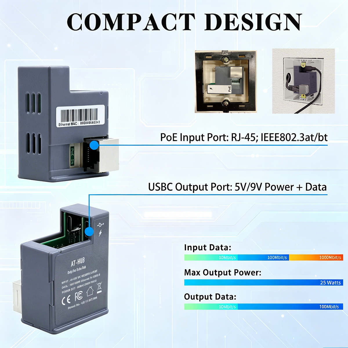AT-Hub In-wall 25W PoE+ to USB-C Power and Data Delivery for Amazon Echo Hub IEEE 802.3at PoE+ Convert to 5V/9V 25W Power and USB 2.0 Data