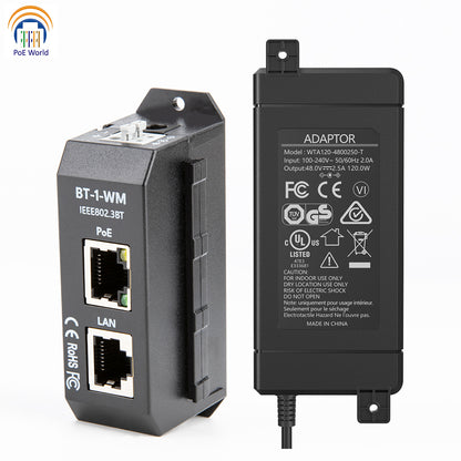 BT-1-WM Single Port 2.5 Gigabit PoE Injector Auto Negotiation POE++ 802.3at/bt Standard 90W Max Output Power High Powered Devices