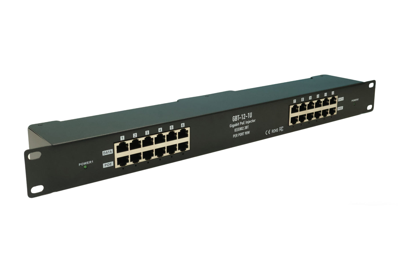 GBT-12-1U 2.5G 802.3BT Type 4 Active PoE++ Injector Up to 90W Max Output 1U Rackmount High-power Midspan Injector for PoE lighting PTZ Cameras