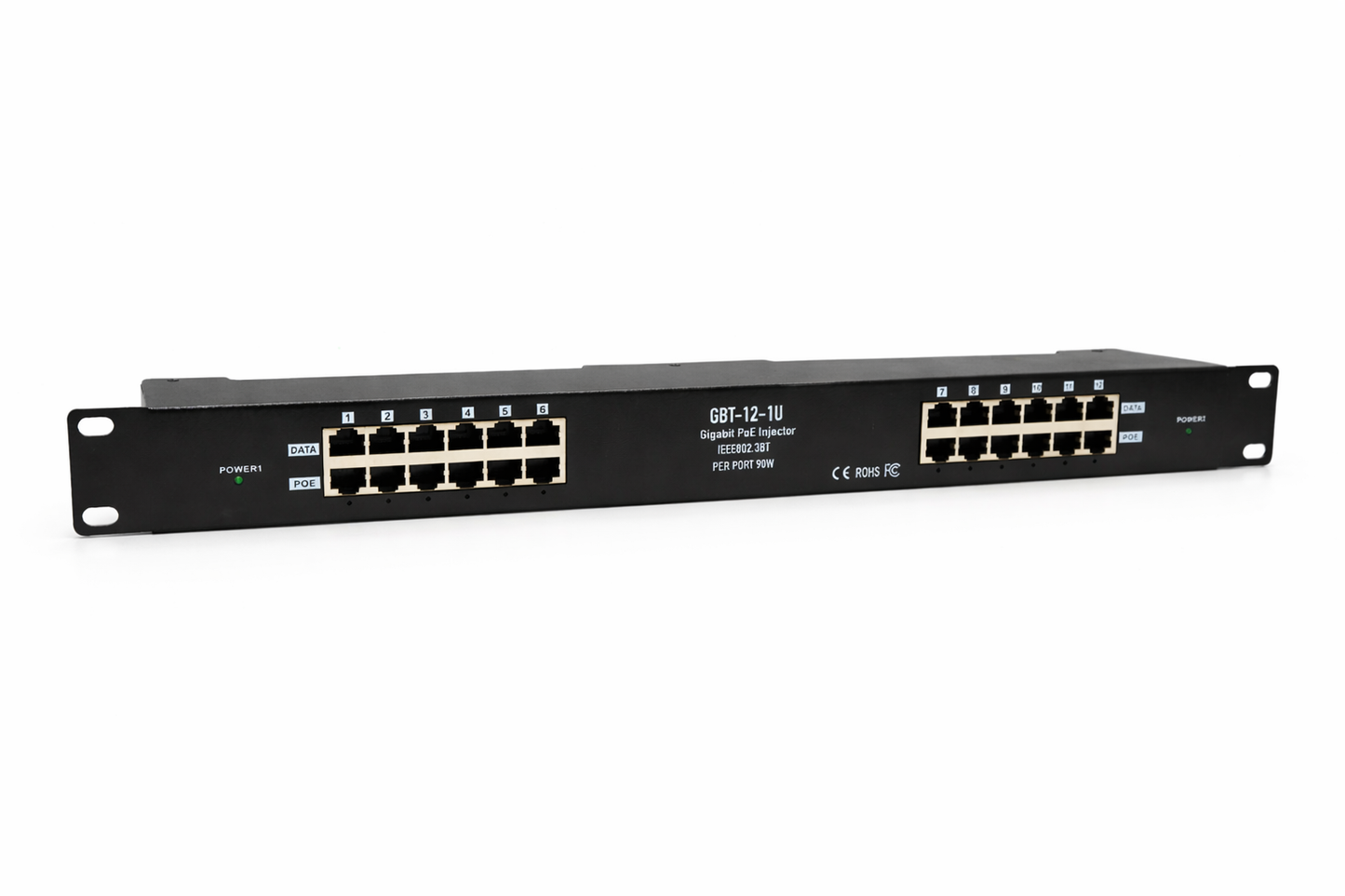 GBT-12-1U 2.5G 802.3BT Type 4 Active PoE++ Injector Up to 90W Max Output 1U Rackmount High-power Midspan Injector for PoE lighting PTZ Cameras
