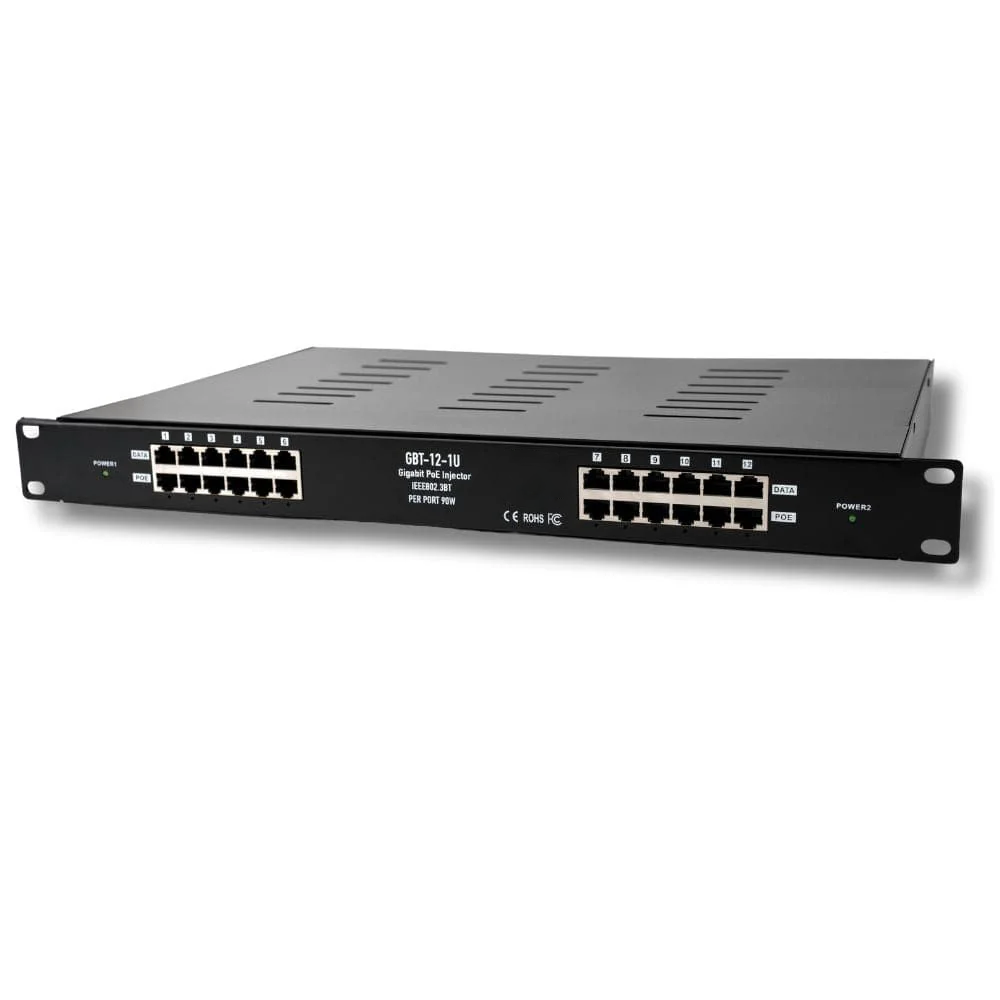 GBT-12-1U 2.5G 802.3BT Type 4 Active PoE++ Injector Up to 90W Max Output 1U Rackmount High-power Midspan Injector for PoE lighting PTZ Cameras