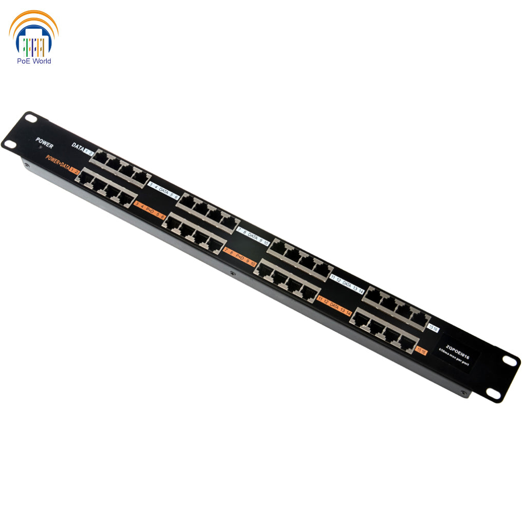 16 Port Passive PoE Injector Rack Mount Midspan Patch Panel With 24 Volt 48 Volt Power Supply for Option, Power Up to 16pcs PoE Cameras