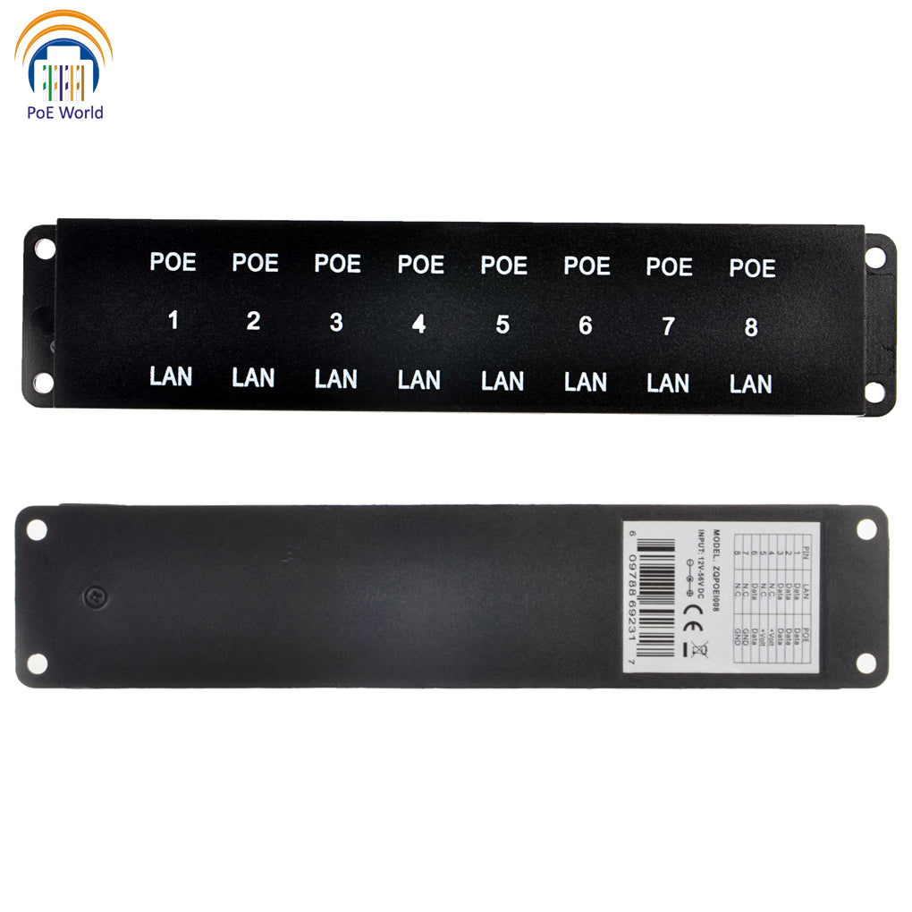 Gigabit Passive PoE Injector/Splitter Wall Mount Network Patch Panel with  2.1mm x 5.5mm DC connector 12-56V Input For IP Camera