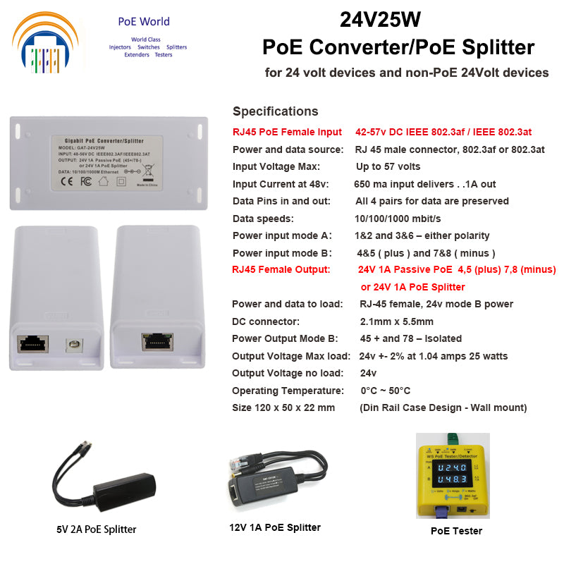 GAF-24v25w 48V to 24V POE Converter, 24 Volt 25 Watt Gigaibt POE Splitter, 802.3af/at to 24Volt, 25W Output Max Inverter Unit for 24V UBNT Mikrotik