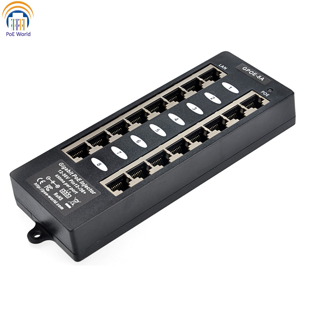 802.3af Passive Gigabit 8 Port PoE Injector with Power Supply, Mode A Operation, 60 Watt 120 Watt Power Supply for Option