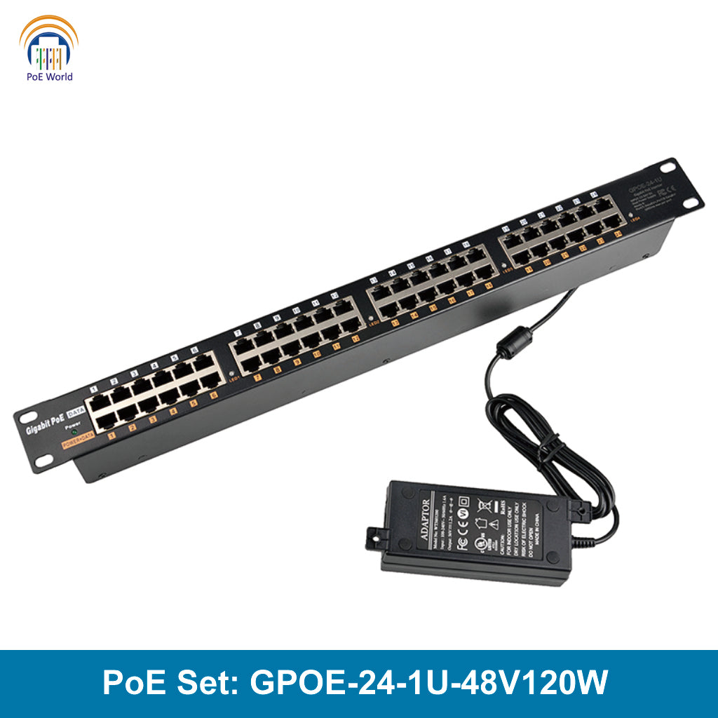 24 Port Gigabit Power Over Ethernet Injector Support Mode B 802.3af/at Operation, 24 Volt 48 Volt Input Up to 120 Watt, Rack Mount Patch Panel Kits for IP Cameras