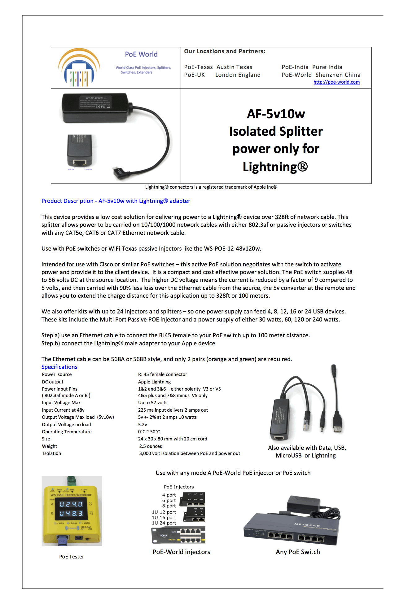 AF-5V10W-Lightning 5 Volt 10 Watt Lightning splitter / 802.3af PoE to 5 Volt Splitter for Lightning Devices (Power Only)