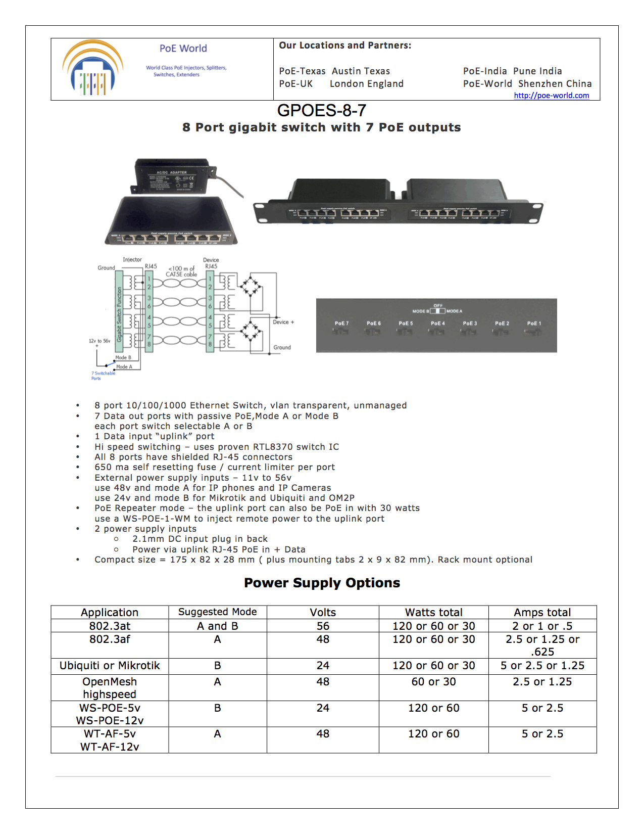 POES-8-7 Passive PoE Switch 100mbps Data Speed with 1 Uplink and 7