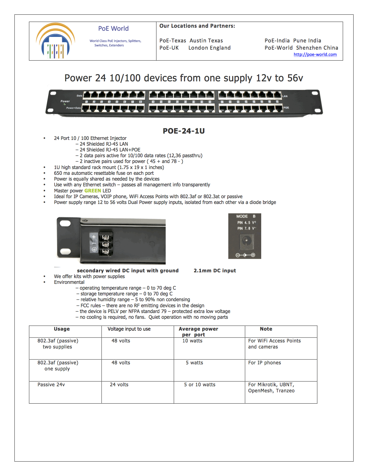 POE-24-1U 24 Port Passive PoE Injector 100mbps Data Speed Mode B Operation 12-56V Power Input - Power Supply Not Included