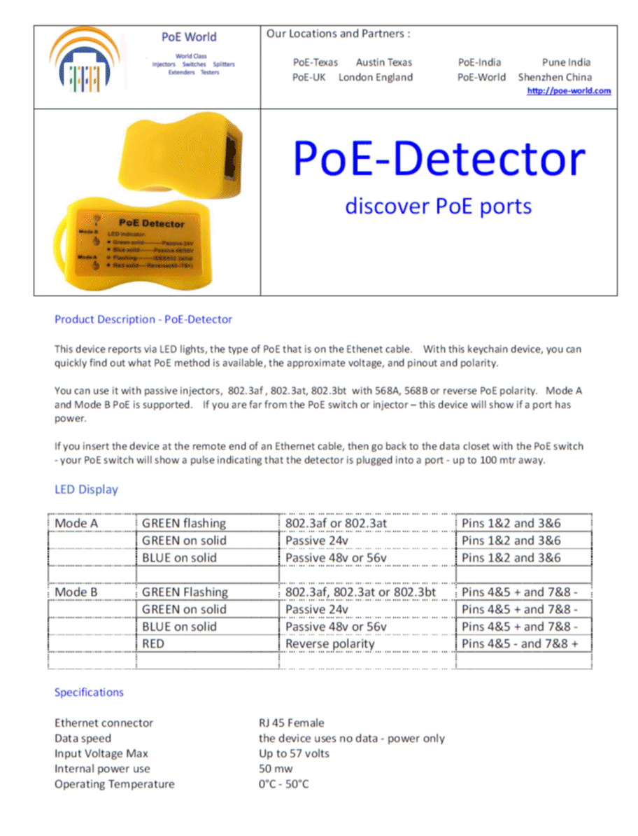 POE-Detector Quickly Identify Power Over Ethernet with RJ-45 LED Indicator Passive 24V, 802.3af/at; 24v/48v