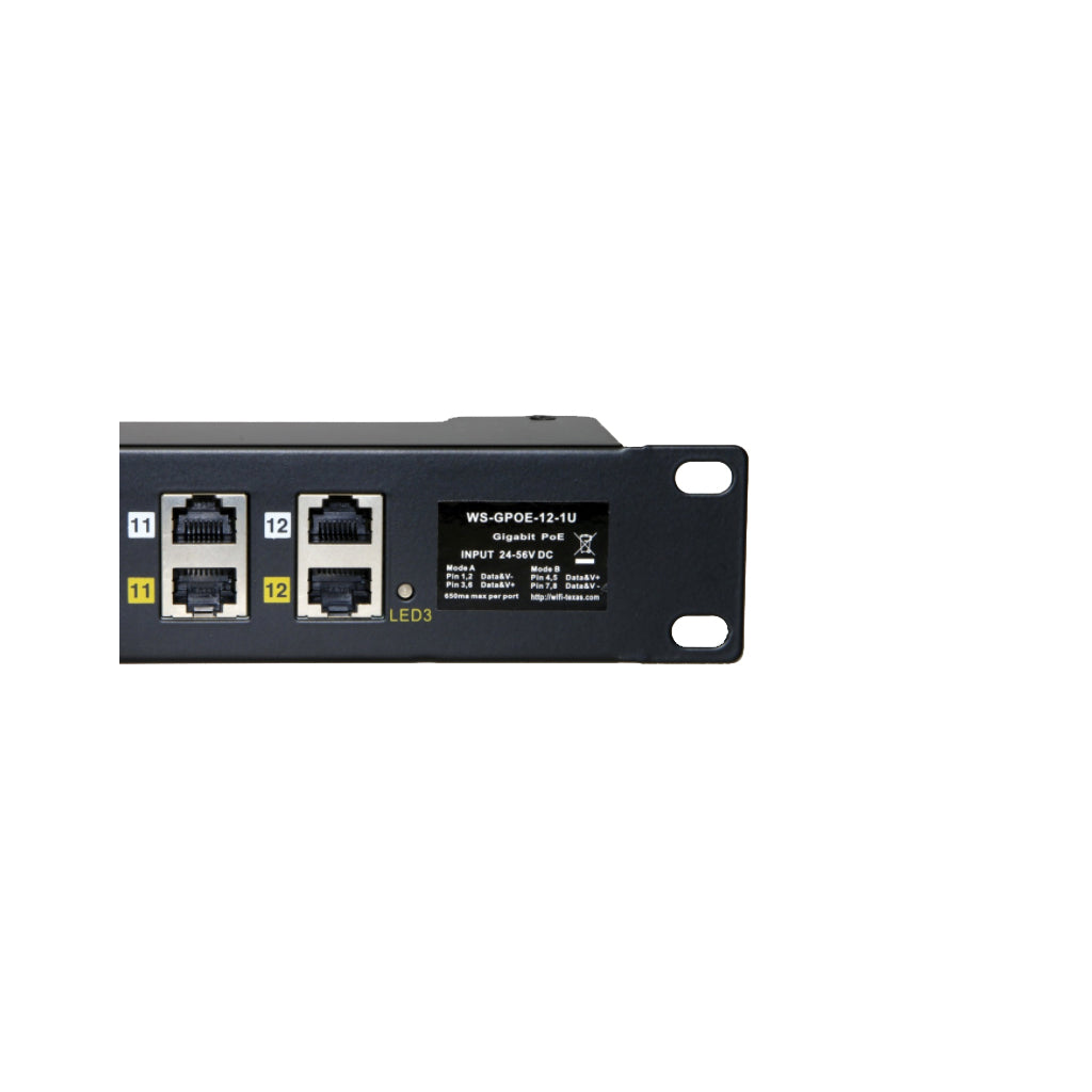 GPOE-12-1U 12 Port Gigabit PoE Injector Mode A Mode B Operation, 12V-56V Input For Up to 12pcs IP Camera- Power Supply Not Included